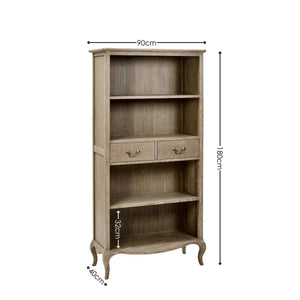 Camille French Style Lime Washed Oak Tall Bookcase with Drawers – 180cm Wooden Display Shelving Unit