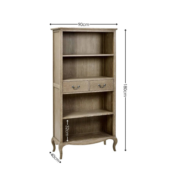 Camille French Style Lime Washed Oak Tall Bookcase with Drawers – 180cm Wooden Display Shelving Unit