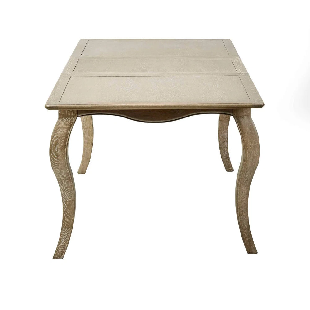 Camille French Style Lime Washed Oak Extending Dining Table – Rectangular 4-6 Seater Dining Table with Elegant Curved Legs