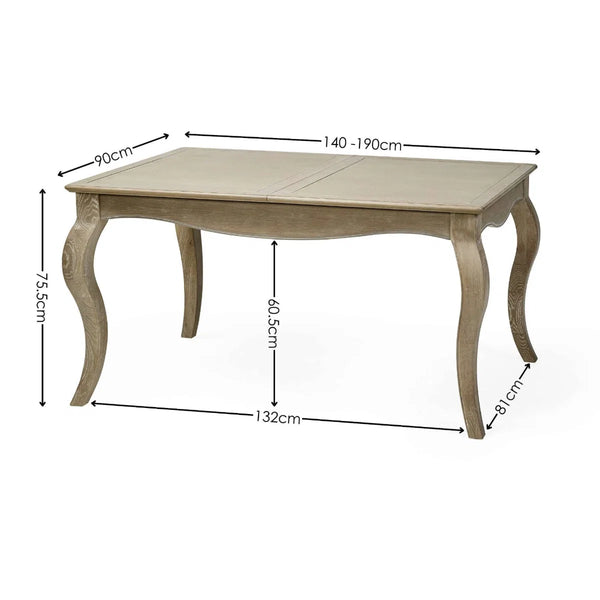 Camille French Style Lime Washed Oak Extending Dining Table – Rectangular 4-6 Seater Dining Table with Elegant Curved Legs