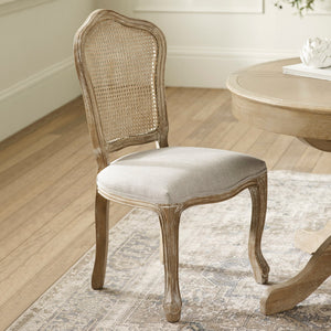 Julian Bowen Camille Rattan Back Dining Chairs in Limed Oak – Set of 2 French Style Chairs with Upholstered Linen Seats - Sleek Furniture