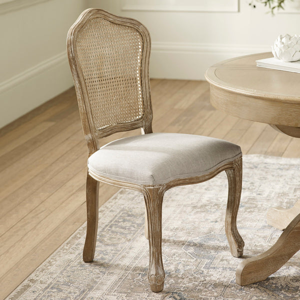 Julian Bowen Camille Rattan Back Dining Chairs in Limed Oak – Set of 2 French Style Chairs with Upholstered Linen Seats - Sleek Furniture