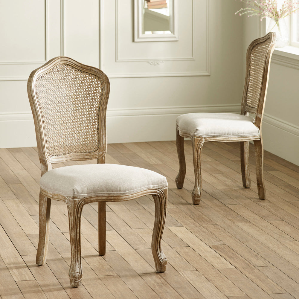 Julian Bowen Camille Rattan Back Dining Chairs in Limed Oak – Set of 2 French Style Chairs with Upholstered Linen Seats - Sleek Furniture