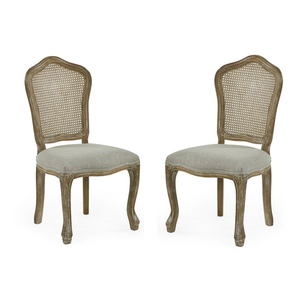 Julian Bowen Camille Rattan Back Dining Chairs in Limed Oak – Set of 2 French Style Chairs with Upholstered Linen Seats - Sleek Furniture