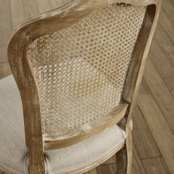 Julian Bowen Camille Rattan Back Dining Chairs in Limed Oak – Set of 2 French Style Chairs with Upholstered Linen Seats - Sleek Furniture