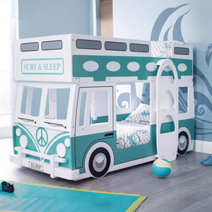 Julian Bowen Campervan Wooden Bunk Bed with Surfboard Ladder, Movable Steering Wheel & Vintage Green and White Finish