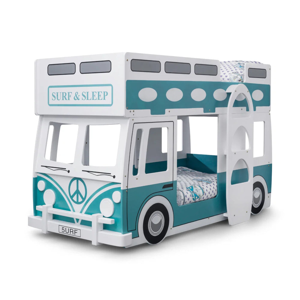 Julian Bowen Campervan Wooden Bunk Bed with Surfboard Ladder, Movable Steering Wheel & Vintage Green and White Finish