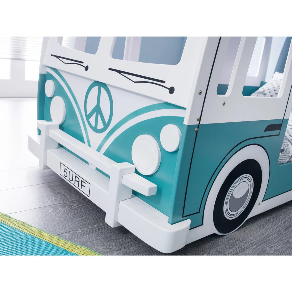 Julian Bowen Campervan Wooden Bunk Bed with Surfboard Ladder, Movable Steering Wheel & Vintage Green and White Finish