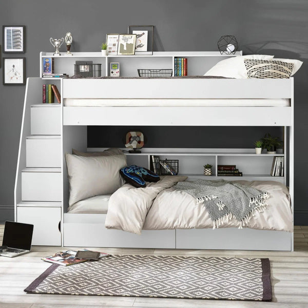 Julian Bowen Camelot White Wooden Bunk Bed with Storage Stairs & Integrated Drawers