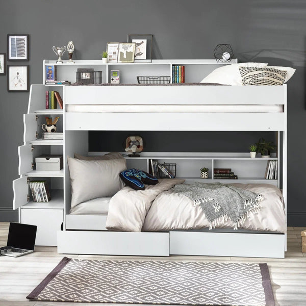 Julian Bowen Camelot White Wooden Bunk Bed with Storage Stairs & Integrated Drawers