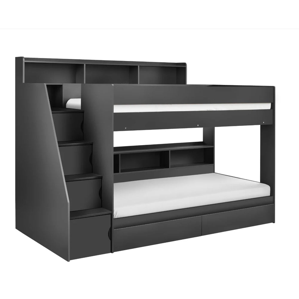Julian Bowen Camelot Anthracite Wooden Storage Bunk Bed with Staircase and Built-In Drawers