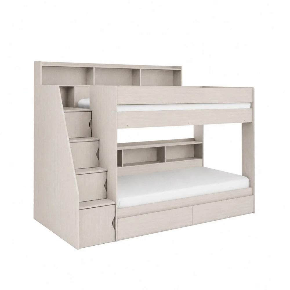 Camelot White Wooden Storage Bunk Bed with Staircase, Built-In Drawers & Shelving