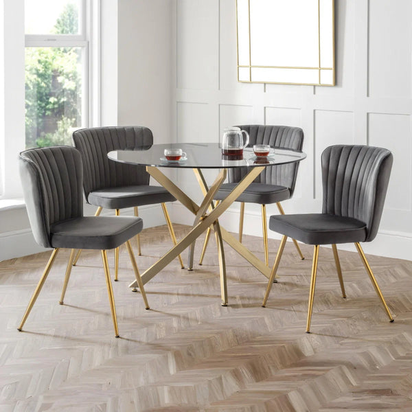 Julian Bowen Cannes Velvet Dining Chairs with Scalloped Back & Gold Legs – Set of 2