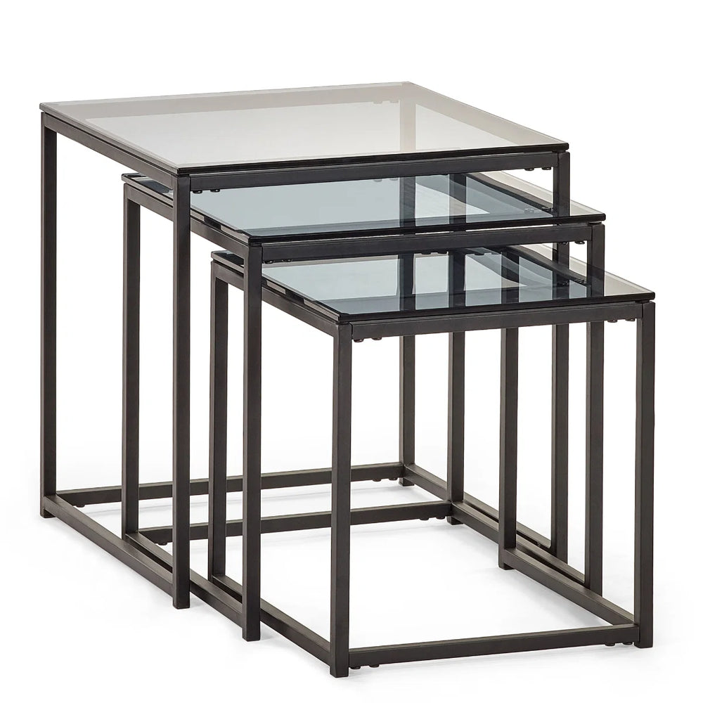 Julian Bowen Chicago Nest of 3 Side Tables with Smoked Glass Tops & Black Metal Frame