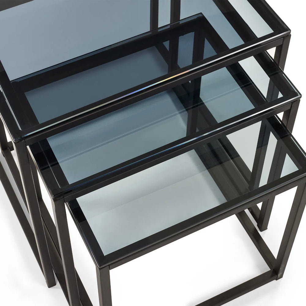 Julian Bowen Chicago Nest of 3 Side Tables with Smoked Glass Tops & Black Metal Frame