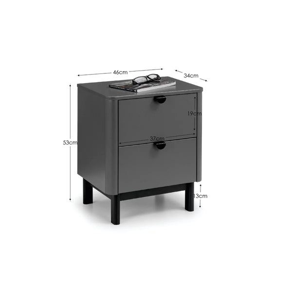 Julian Bowen Chloe 2 Drawer Bedside Table in Storm Grey with Satin Black Wooden Legs
