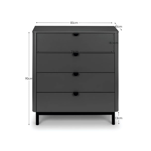 Julian Bowen Chloe 4 Drawer Chest – Storm Grey Lacquered Bedroom Storage Chest with Satin Black Wooden Legs & Handles