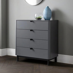 Julian Bowen Chloe 4 Drawer Chest – Storm Grey Lacquered Bedroom Storage Chest with Satin Black Wooden Legs & Handles