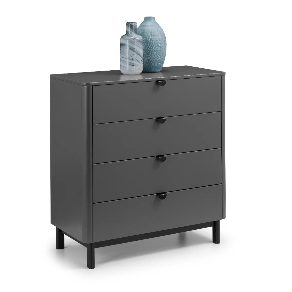 Bowen Chloe 4 Drawer Chest – Storm Grey Lacquered Bedroom Storage Chest Satin Wooden Legs & Handles