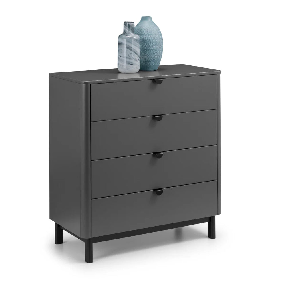 Julian Bowen Chloe 4 Drawer Chest – Storm Grey Lacquered Bedroom Storage Chest with Satin Black Wooden Legs & Handles
