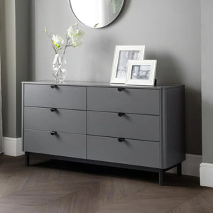 Julian Bowen Chloe 6 Drawer Wide Chest – Storm Grey Lacquered Wooden Chest of Drawers with Satin Black Legs & Handles | Modern Retro Bedroom Storage