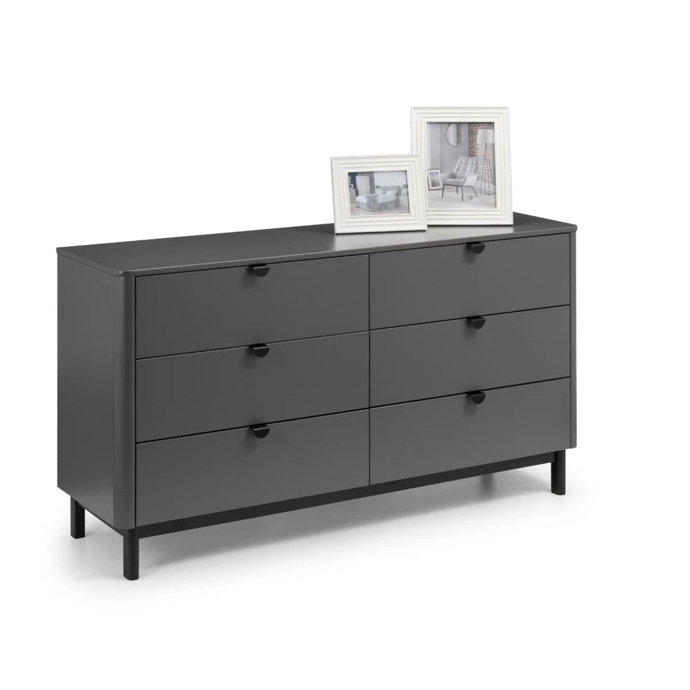 Julian Bowen Chloe 6 Drawer Wide Chest – Storm Grey Lacquered Wooden Chest of Drawers with Satin Black Legs & Handles | Modern Retro Bedroom Storage