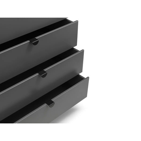Julian Bowen Chloe 6 Drawer Wide Chest – Storm Grey Lacquered Wooden Chest of Drawers with Satin Black Legs & Handles | Modern Retro Bedroom Storage