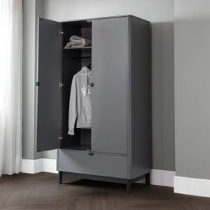 Julian Bowen Chloe 2 Door 1 Drawer Wardrobe in Storm Grey – Modern Wooden Bedroom Storage Cabinet with Hanging Rail & Drawer