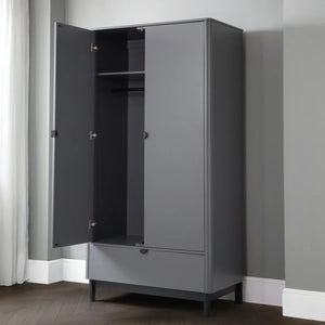Julian Bowen Chloe 2 Door 1 Drawer Wardrobe in Storm Grey – Modern Wooden Bedroom Storage Cabinet with Hanging Rail & Drawer