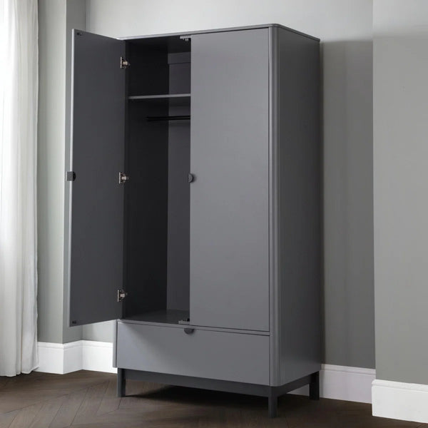 Julian Bowen Chloe 2 Door 1 Drawer Wardrobe in Storm Grey – Modern Wooden Bedroom Storage Cabinet with Hanging Rail & Drawer