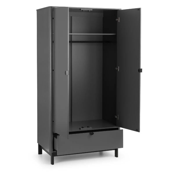 Julian Bowen Chloe 2 Door 1 Drawer Wardrobe in Storm Grey – Modern Wooden Bedroom Storage Cabinet with Hanging Rail & Drawer