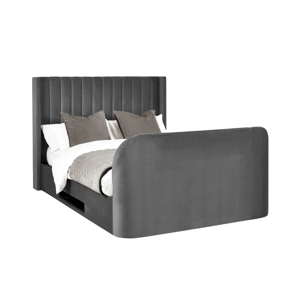 Julian Bowen Clara Side Lift Ottoman TV Bed with Remote Control – Dark Grey Fabric Frame, Hidden TV Lift, Side Storage Drawer – Double