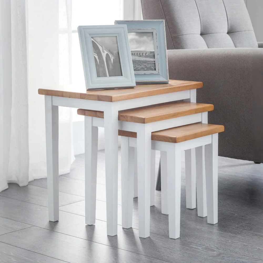 Julian Bowen Cleo Solid Rubberwood Nest of 3 Tables in Light Oak & White Finish