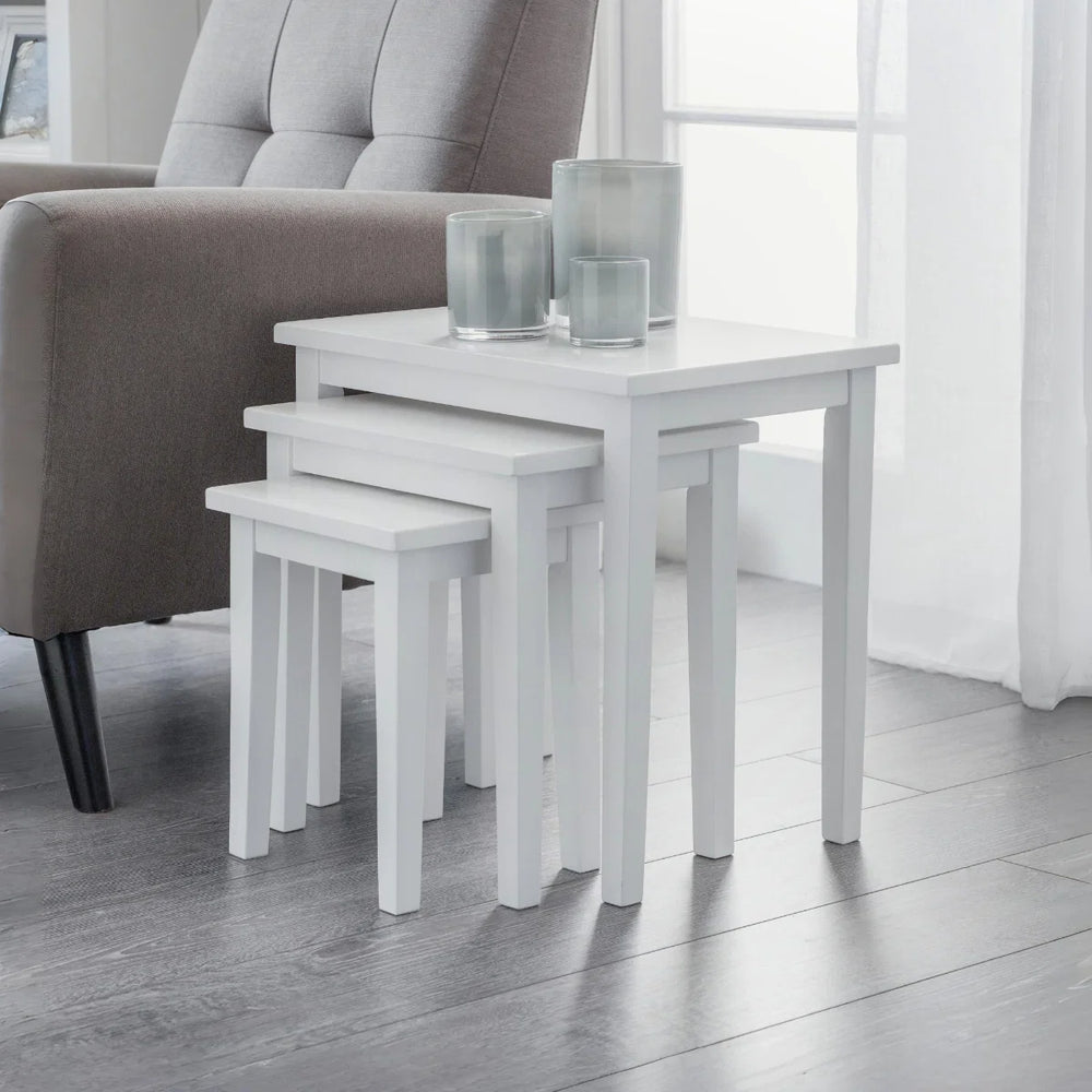 Julian Bowen Cleo White Solid Rubberwood Nest of 3 Tables – Space Saving Painted Wooden Side Table Set