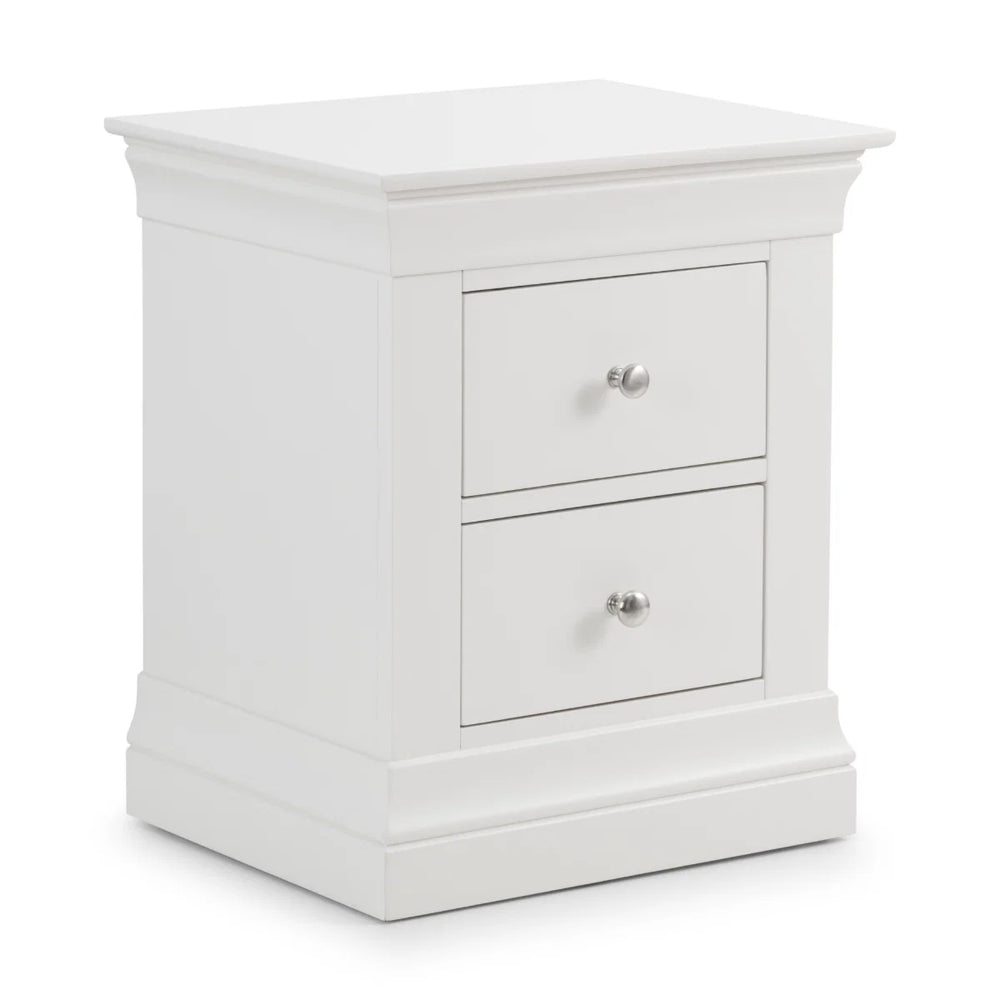 Julian Bowen Clermont 2 Drawer Bedside Table in Surf White – Solid Pine & MDF Nightstand with Brushed Steel Handles