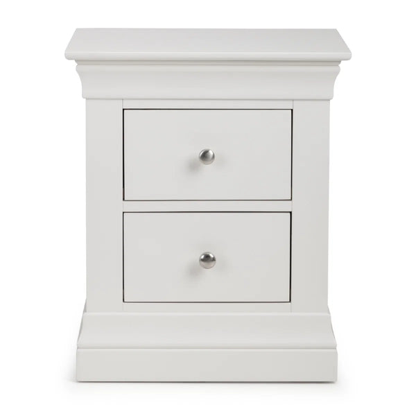 Julian Bowen Clermont 2 Drawer Bedside Table in Surf White – Solid Pine & MDF Nightstand with Brushed Steel Handles