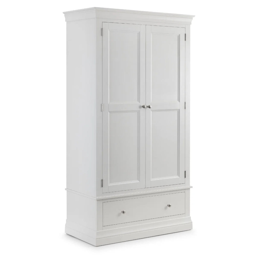 Julian Bowen Clermont White 2 Door 1 Drawer Wooden Wardrobe with Hanging Rail and Full-Width Storage Drawer