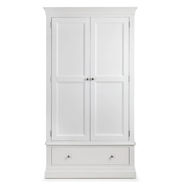 Julian Bowen Clermont White 2 Door 1 Drawer Wooden Wardrobe with Hanging Rail and Full-Width Storage Drawer