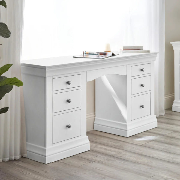 Julian Bowen Clermont Surf White Dressing Table with 6 Storage Drawers – French Inspired Wooden Vanity Table