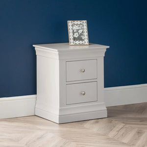 Clermont 2 Drawer Bedside Table – Light Grey Lacquered Wooden Nightstand with Brushed Steel Handles