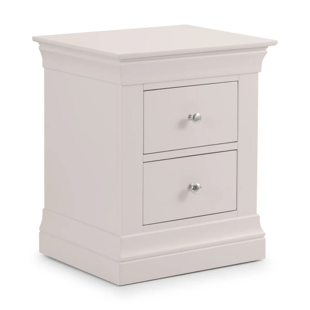 Clermont 2 Drawer Bedside Table – Light Grey Lacquered Wooden Nightstand with Brushed Steel Handles