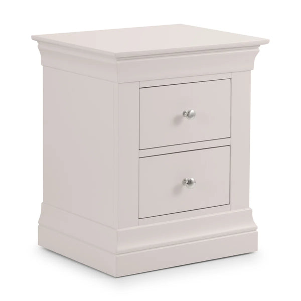 Clermont 2 Drawer Bedside Table – Light Grey Lacquered Wooden Nightstand with Brushed Steel Handles