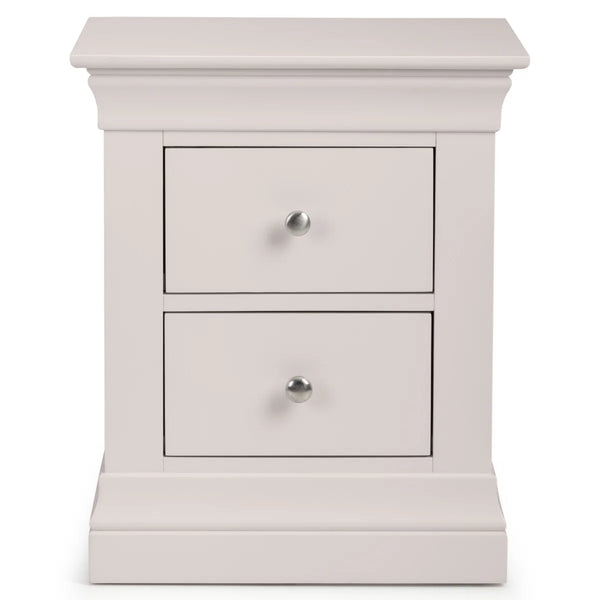 Clermont 2 Drawer Bedside Table – Light Grey Lacquered Wooden Nightstand with Brushed Steel Handles
