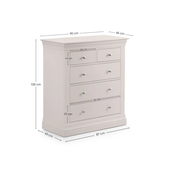 Clermont Light Grey 3+2 Drawer Chest – French Style Wooden Bedroom Storage Cabinet