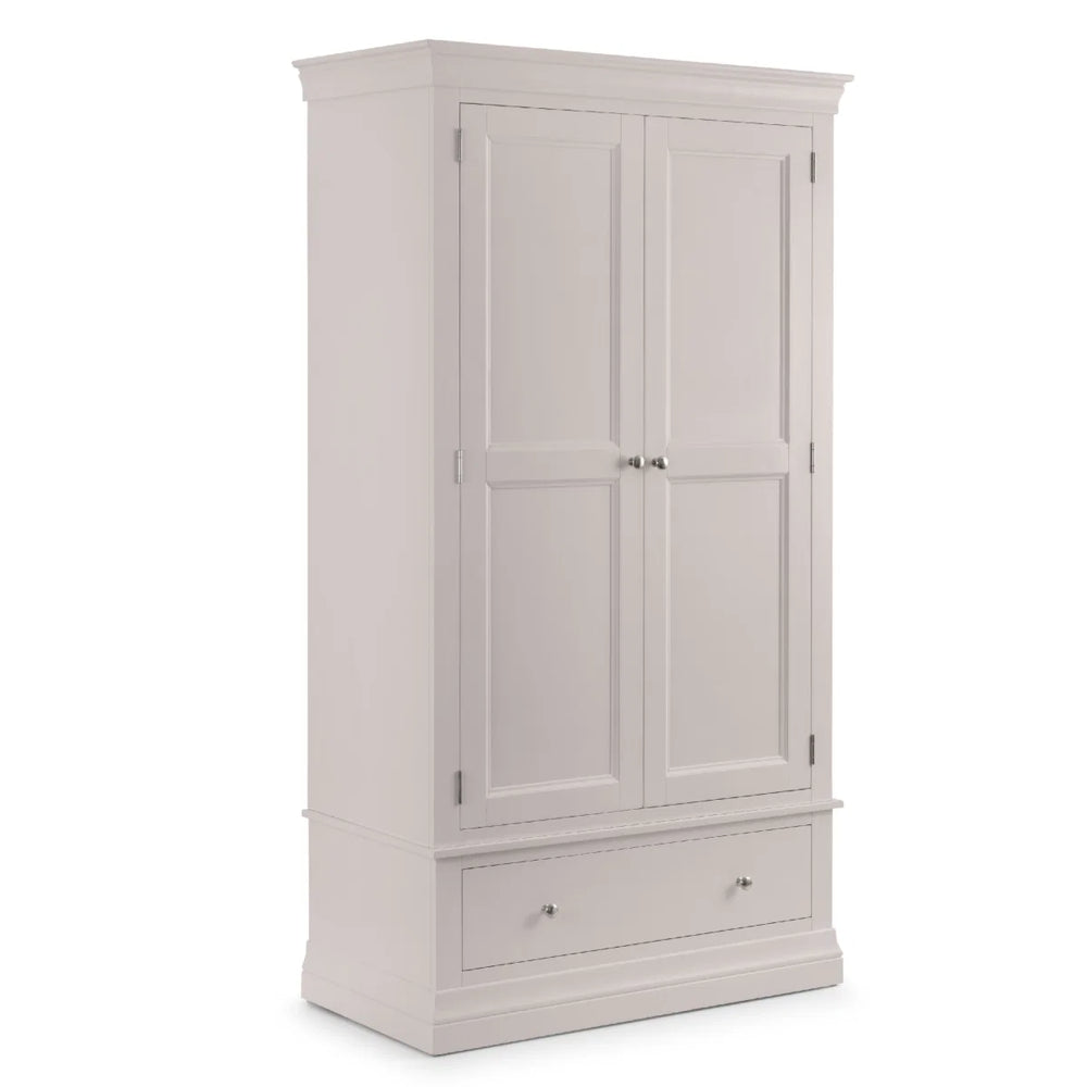 Clermont Light Grey 2 Door 1 Drawer Wardrobe – French Inspired Pine & MDF Bedroom Storage Cabinet