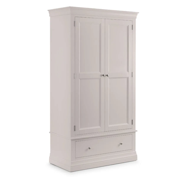 Clermont Light Grey 2 Door 1 Drawer Wardrobe – French Inspired Pine & MDF Bedroom Storage Cabinet