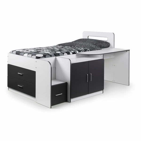 Cookie Cabin Bed with Integrated Desk, Storage Drawers, Cupboard & Shelving – White & Charcoal Grey