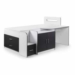 Cookie Cabin Bed with Integrated Desk, Storage Drawers, Cupboard & Shelving – White & Charcoal Grey