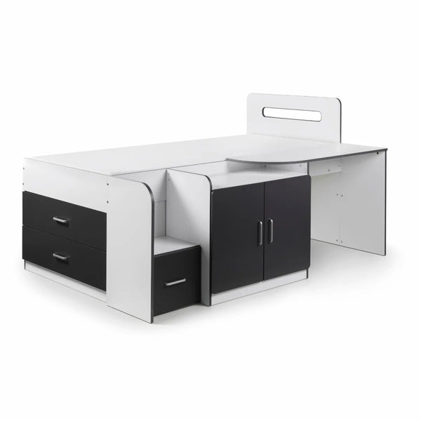 Cookie Cabin Bed with Integrated Desk, Storage Drawers, Cupboard & Shelving – White & Charcoal Grey