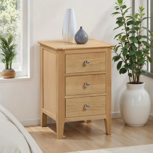 Julian Bowen Cotswold Solid Oak 3 Drawer Bedside Table with Oak Veneers & Silver Knobs